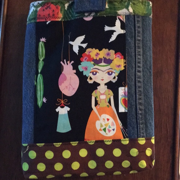 Freida Kahlo Upcycled Denim bamboo handles purse - Picture 2 of 8